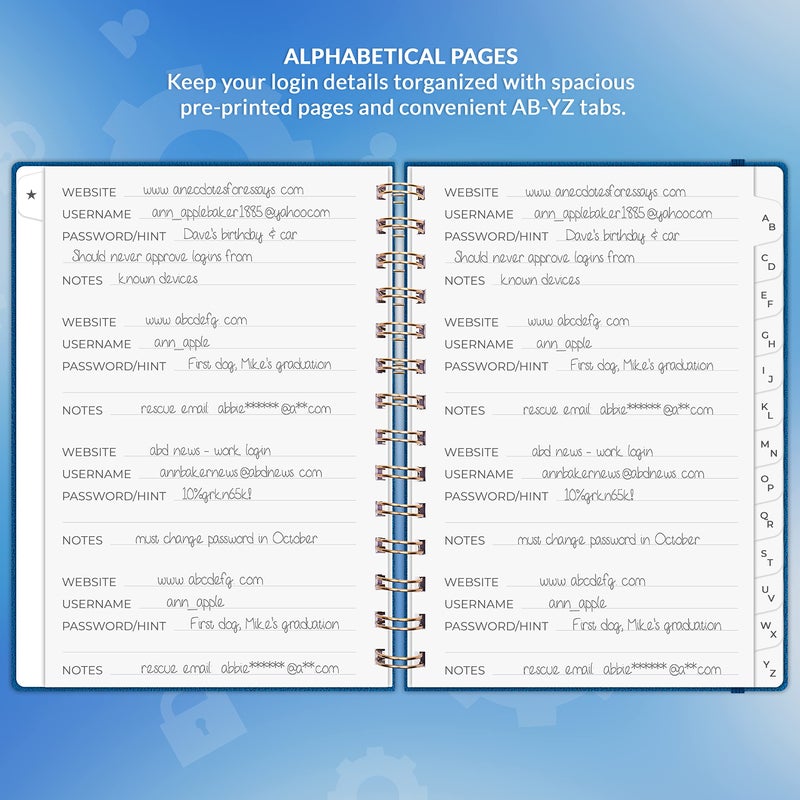 Clever Fox Password Book Spiral - Internet Address & Password Organizer with Laminated Alphabetical Tabs - Password Keeper Journal - Hardcover  Medium Size  6.1x7.7  (Mystic Blue) - Image 3